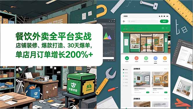 餐饮外卖全平台实战，店铺装修、爆款打造、30天爆单，手把手教学，单店月订单增长200%+-小行网创