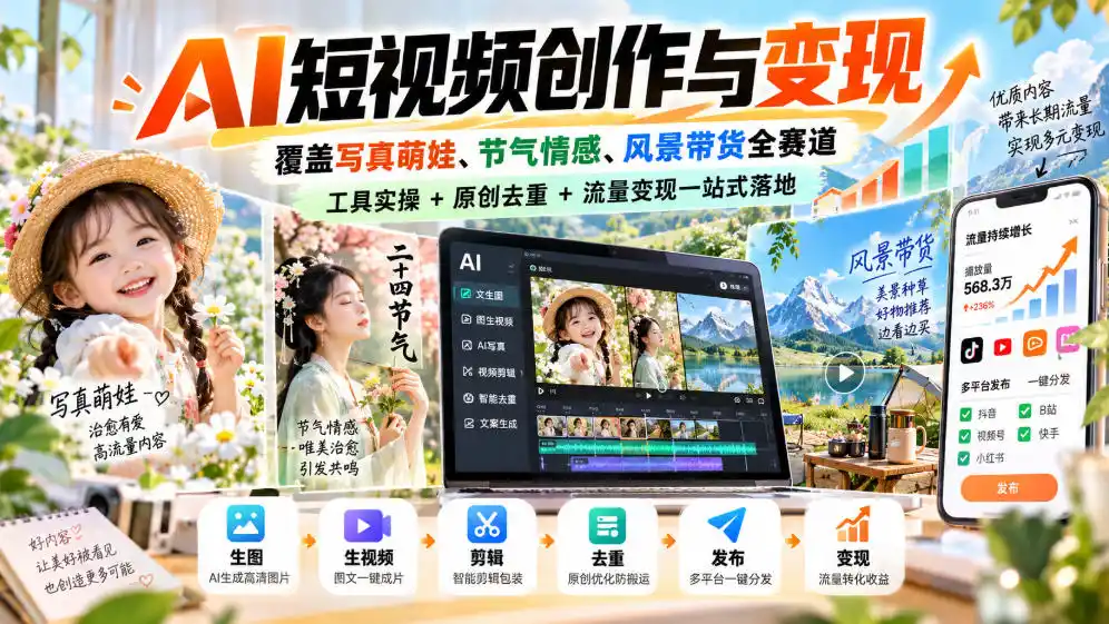 AI短视频创作与变现,覆盖写真萌娃、节气情感、风景带货全赛道,工具实操+原创去重+流量变现一站式落地-小行网创