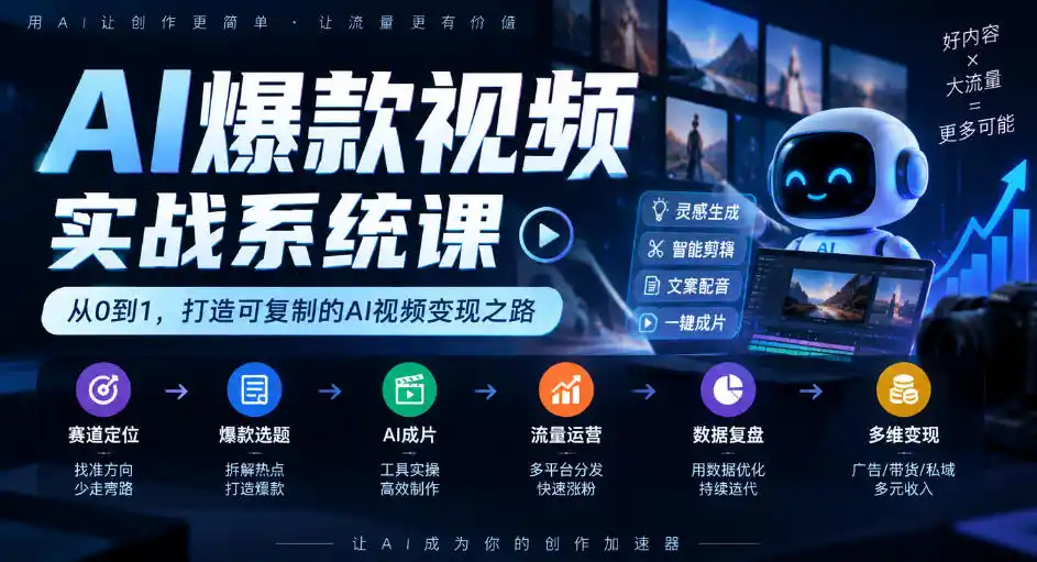 AI爆款视频实战系统课｜赛道定位、爆款选题、AI成片、流量运营、数据复盘、多维变现全链路教学-小行网创