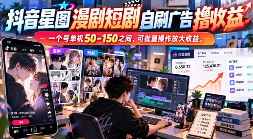 抖音星图漫剧短剧自刷广告撸收益，一个号单机50-150之间，可批量操作放大收益-小行网创