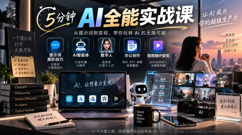 5分钟AI全能实战课|提示词高阶技巧+AI智能体+数字人+办公创作+短视频IP变现全教程-小行网创