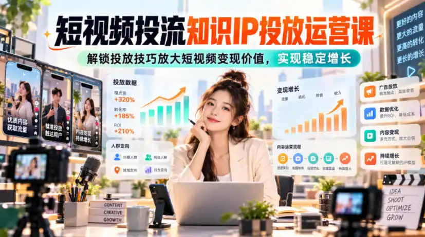 短视频投流知识IP投放运营课，解锁投放技巧放大短视频变现价值，实现稳定增长-小行网创