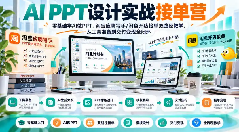 AI PPT设计实战接单营｜零基础学AI做PPT，淘宝应聘写手/闲鱼开店接单双路径教学，从工具准备到交付变现全闭环-小行网创