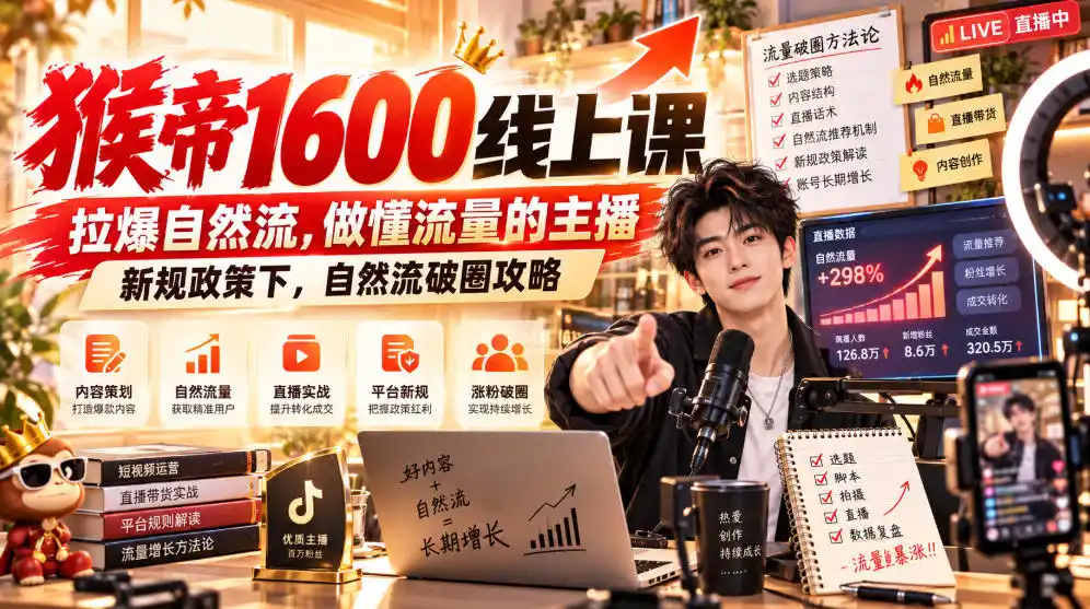 猴帝1600线上课,拉爆自然流,做懂流量的主播,新规政策下,自然流破圈攻略【更新260926】-小行网创