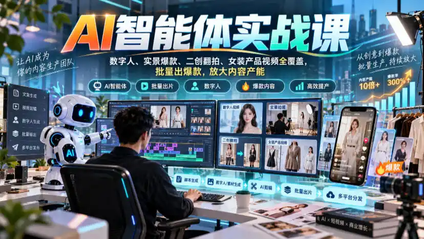 AI智能体实战课，数字人、实景爆款、二创翻拍、女装产品视频全覆盖，批量出爆款，放大内容产能-小行网创