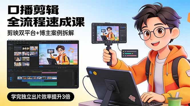 口播剪辑全流程速成课，剪映双平台+博主案例拆解，学完独立出片效率提升3倍-小行网创