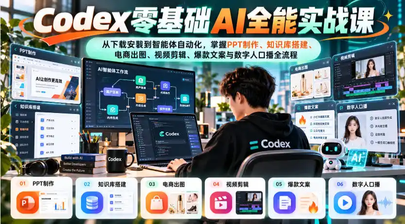 Codex零基础AI全能实战课：从下载安装到智能体自动化，掌握知识库搭建、电商出图、视频剪辑、爆款文案与数字人口播全流程-小行网创