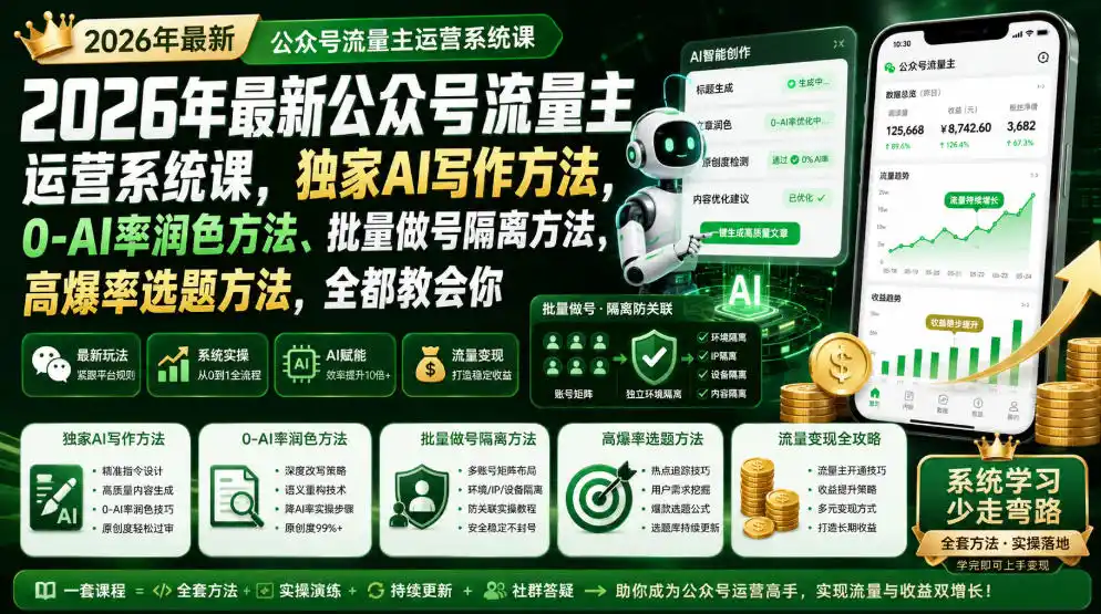 2026年最新公众号流量主运营系统课,独家AI写作方法,0-AI率润色方法、批量做号隔离方法、高爆率选题方法,全都教会你(更新1009)-小行网创
