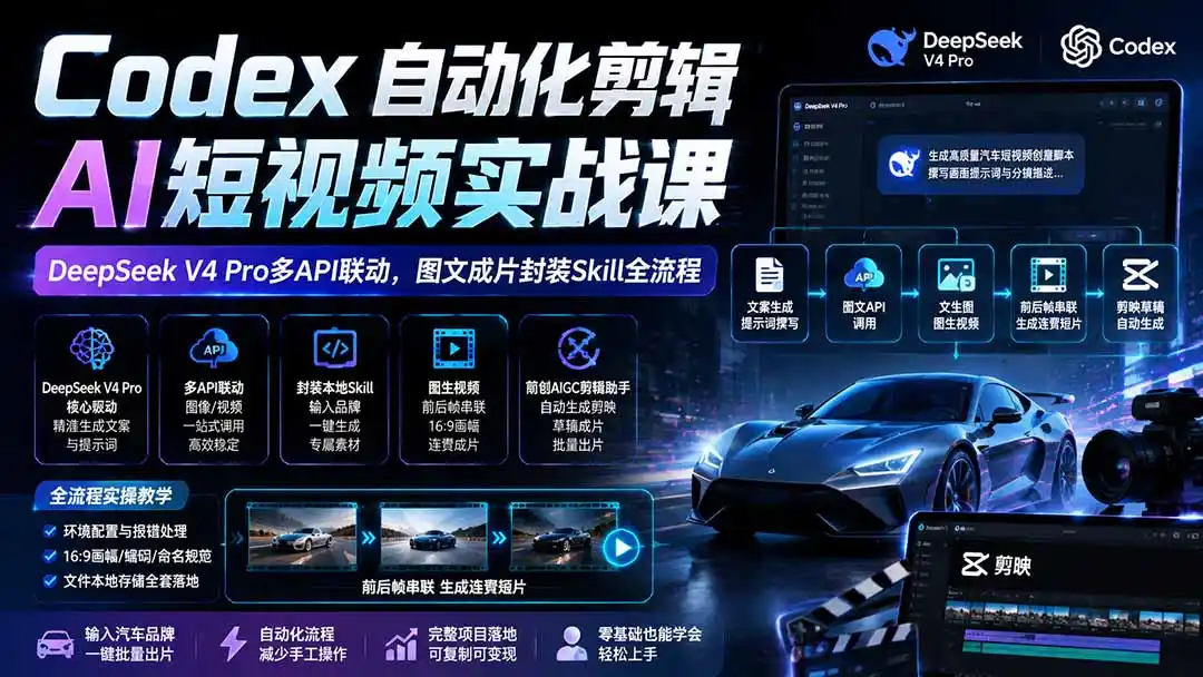 Codex自动化剪辑AI短视频实战课|DeepSeek V4 Pro多API联动,图文成片封装Skill全流程-小行网创