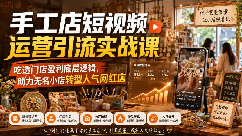 手工店短视频运营引流实战课,吃透门店盈利底层逻辑,助力无名小店转型人气网红店-小行网创