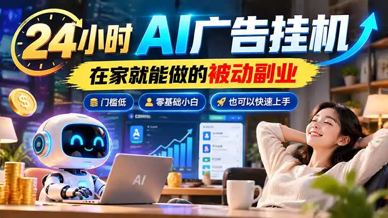 24小时AI广告挂机｜在家就能做的被动副业，门槛低，零基础小白也可以快速上手-小行网创