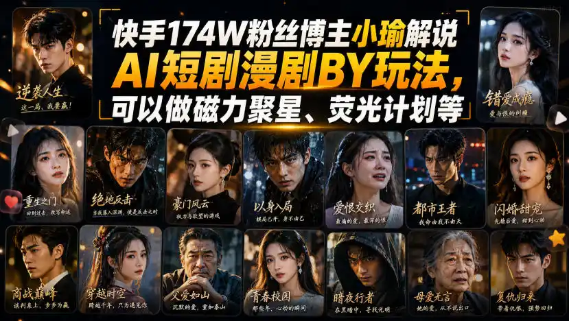 快手174W粉丝博主小瑜解说AI短剧漫剧搬运玩法,可以做磁力聚星、荧光计划等-小行网创