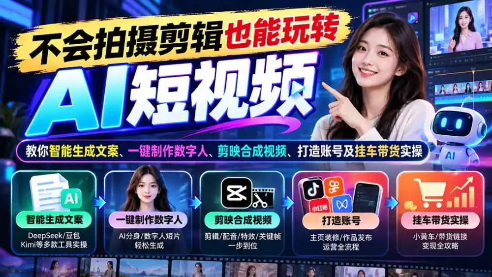 不会拍摄剪辑也能玩转AI短视频：教你智能生成文案、一键制作数字人、剪映合成视频、打造账号及挂车带货实操-小行网创