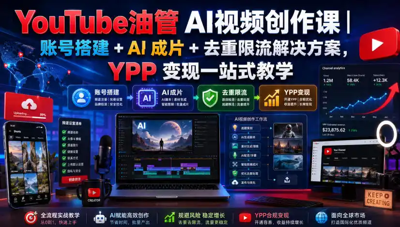YouTube油管AI视频创作课|账号搭建+AI成片+去重限流解决方案,YPP变现一站式教学(更新0809)-小行网创