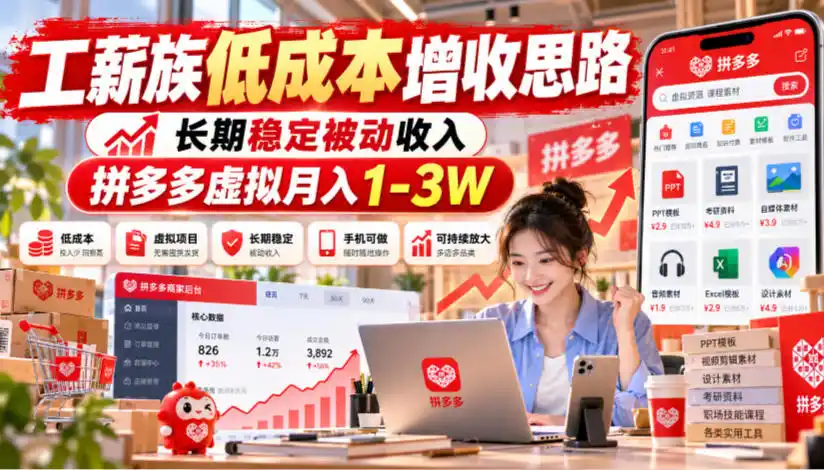工薪族低成本增收思路，长期稳定被动收入，拼多多虚拟月入1-3W-小行网创