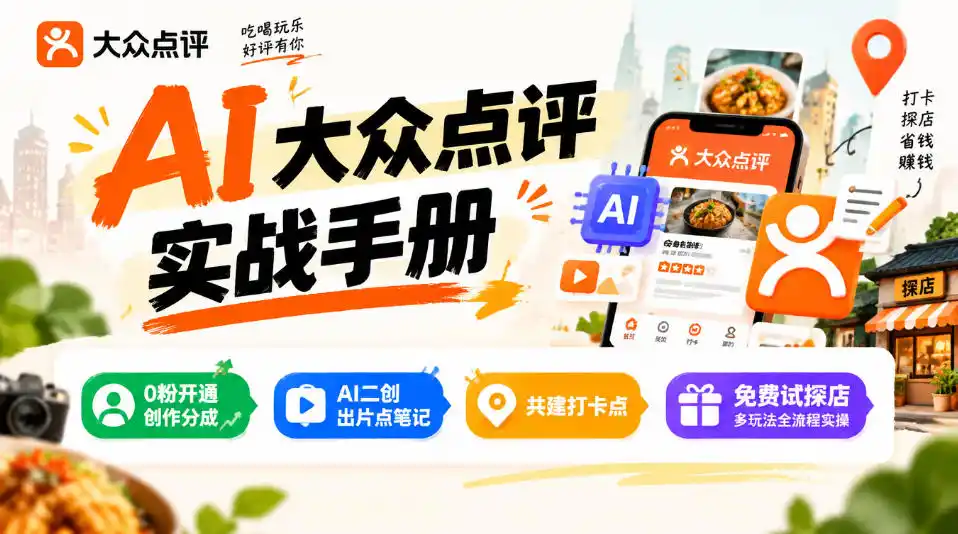 某局的AI大众点评实战手册，0粉开通创作分成、AI二创出片点笔记、共建打卡点、免费试探店多玩法全流程实操-小行网创