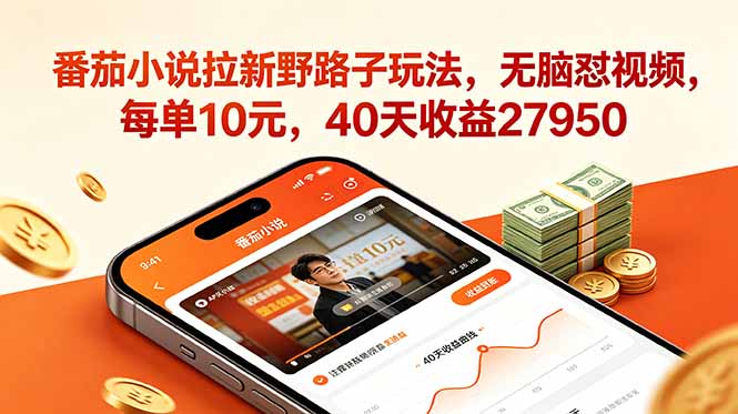 番茄小说拉新野路子玩法，无脑怼视频，每单10元，40天收益27950-小行网创
