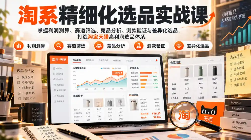 货架电商精细化选品实战课：掌握利润测算、赛道筛选、竞品分析、测款验证与差异化选品，打造淘宝天猫高利润选品体系-小行网创