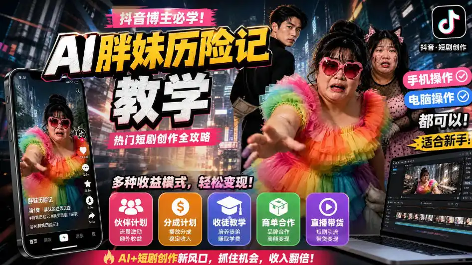 抖音博主的AI胖妹历险记教学,伙伴计划+分成计划+收徒+商单等多种收益,适合新手,手机电脑都可以操作-小行网创