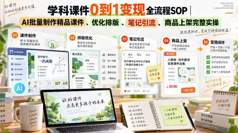 学科课件0到1变现全流程SOP|AI批量制作精品课件、优化排版、笔记引流、商品上架完整实操-小行网创