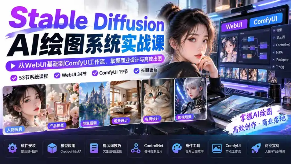 【无水印】Stable Diffusion AI绘图系统实战课：从WebUI基础到ComfyUI工作流，掌握商业设计与高效出图-小行网创