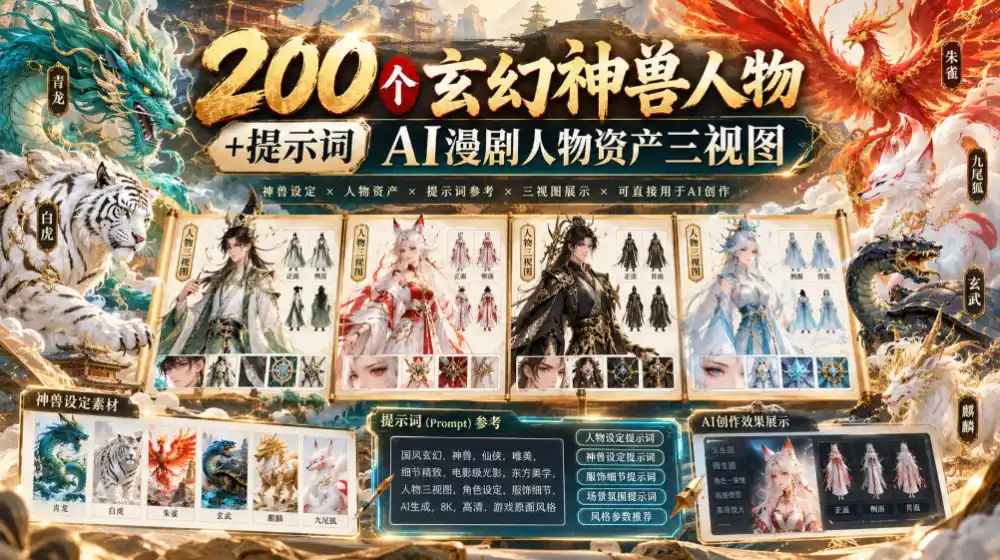 200个玄幻神兽人物+提示词ai漫剧人物资产三视图-小行网创