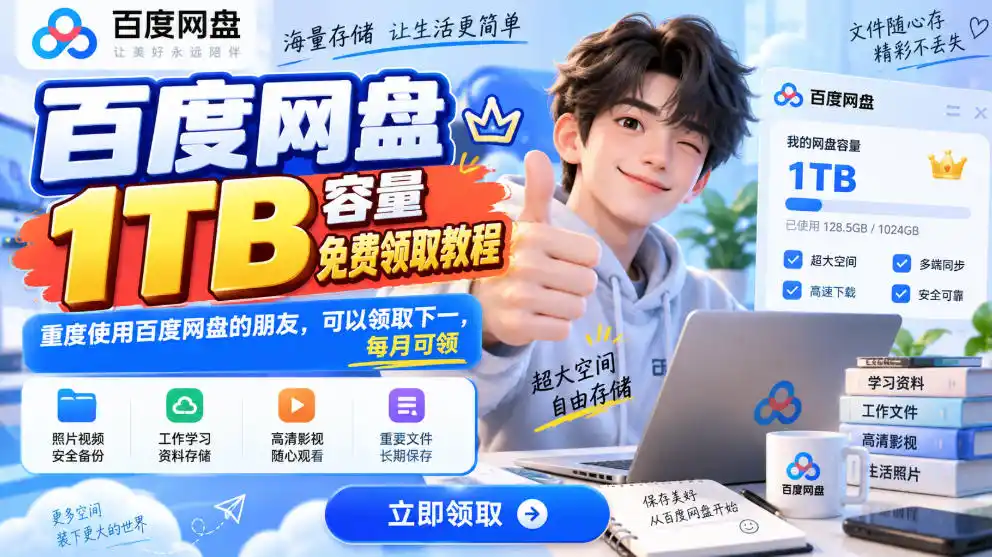 百度网盘1TB容量免费领取教程，重度使用百度网盘的朋友，可以领取下一，每月可领-小行网创
