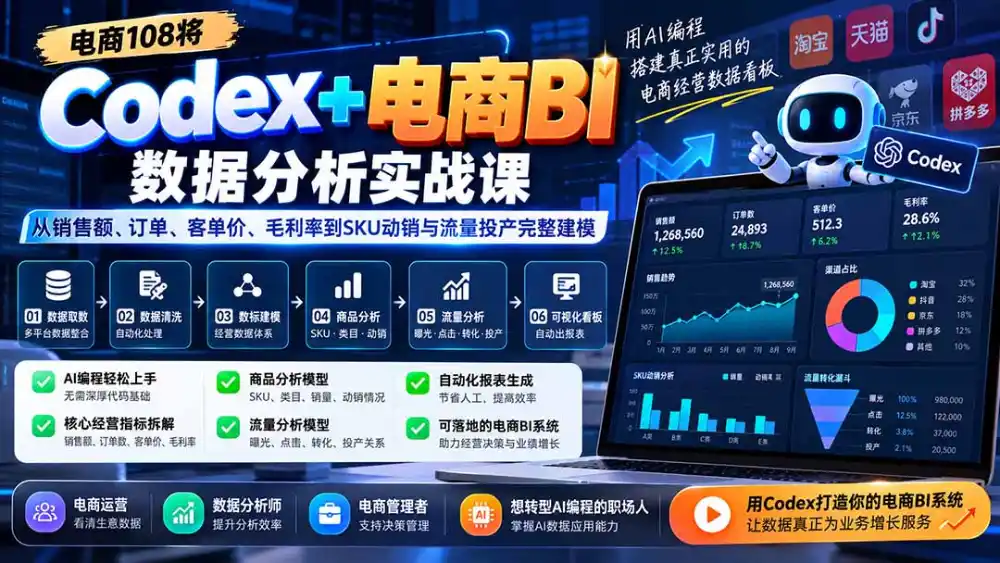 Codex+电商BI数据分析实战课-更新1026：从销售额、订单、客单价、毛利率到SKU动销与流量投产完整建模-小行网创