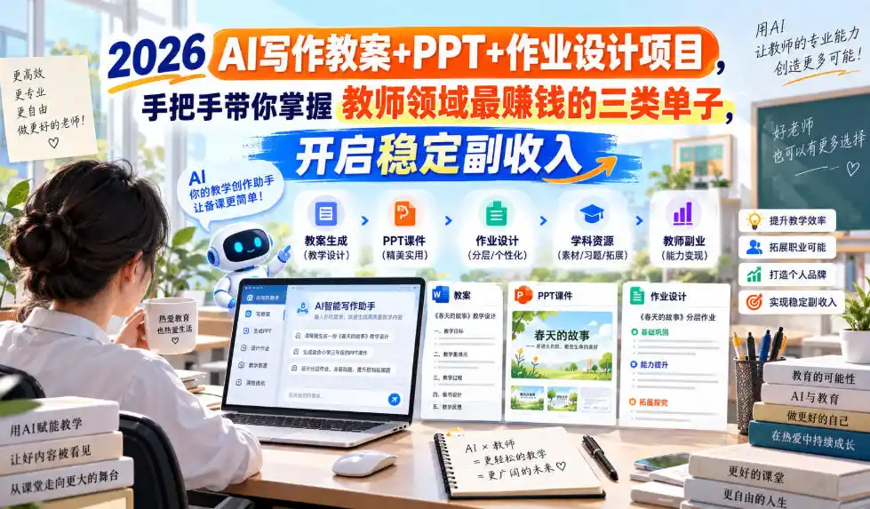 2026 AI写作教案+PPT+作业设计项目，手把手带你掌握教师领域最賺钱的三类单子，开启稳定副收入-小行网创