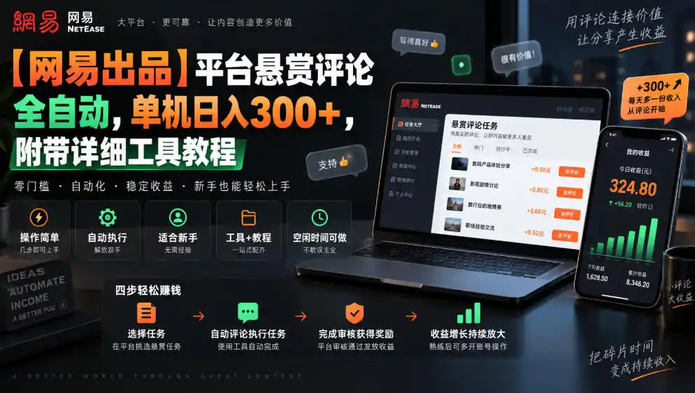 【网易出品】平台悬赏评论全自动,单机日入300+,附带详细工具教程【揭秘】-小行网创