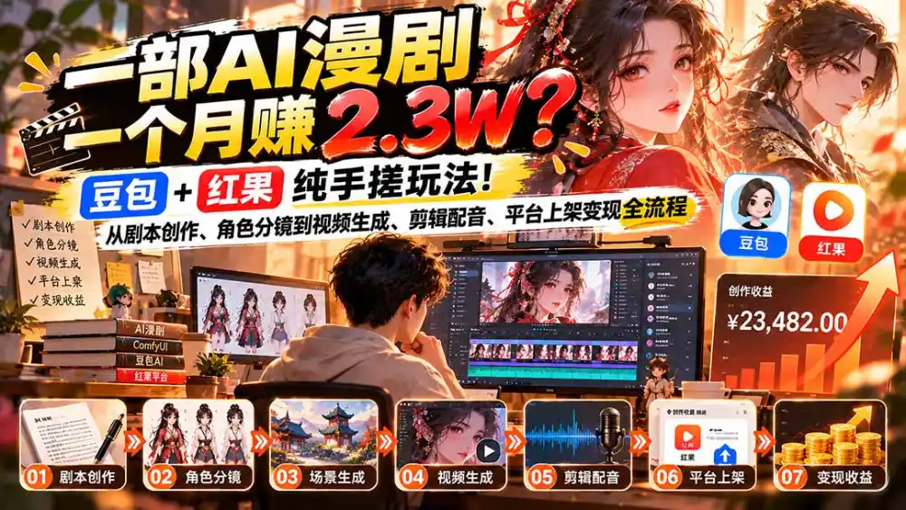 一部AI漫剧一个月赚2.3W?豆包+红果纯手搓玩法!从剧本创作、角色分镜到视频生成、剪辑配音、平台上架变现全流程-小行网创