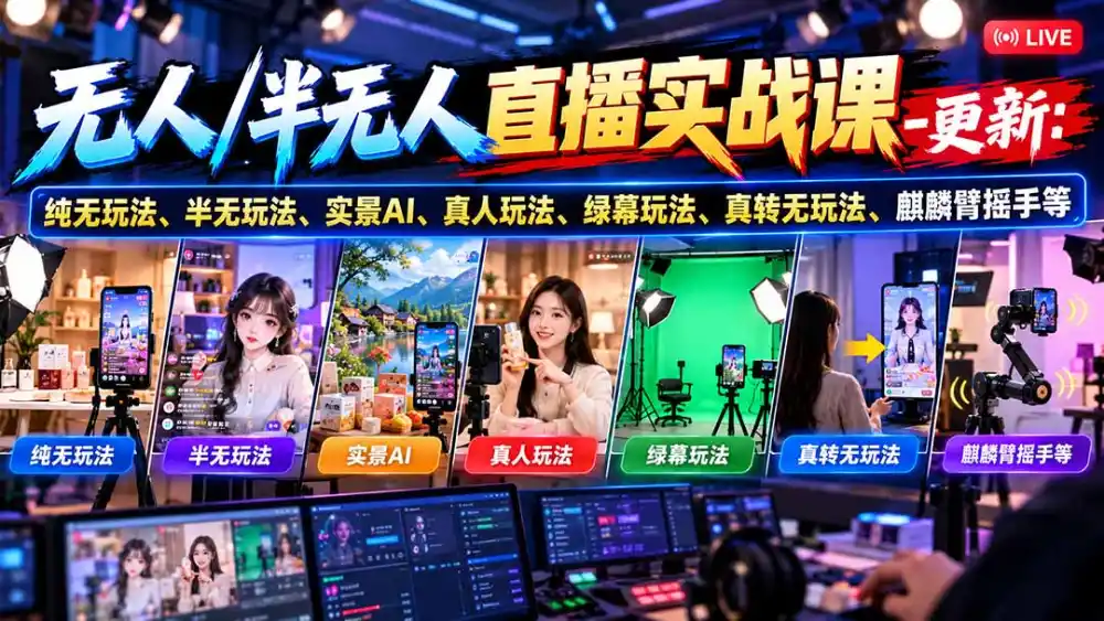 无人/半无人直播实战课-10月20更新：纯无玩法、半无玩法、实景AI、真人玩法、绿幕玩法、真转无玩法、麒麟臂摇手等-小行网创