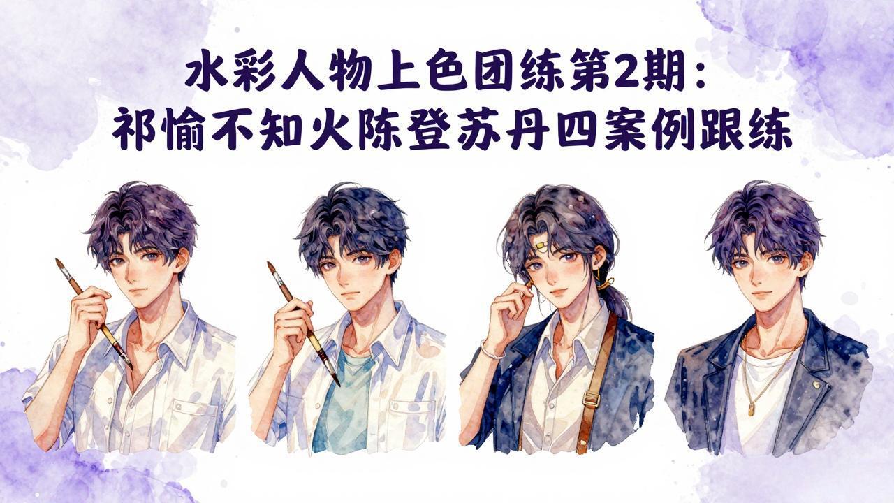 水彩人物上色团练第2期：祁煜不知火陈登苏丹四案例跟练，手把手提升绘画能力-小行网创