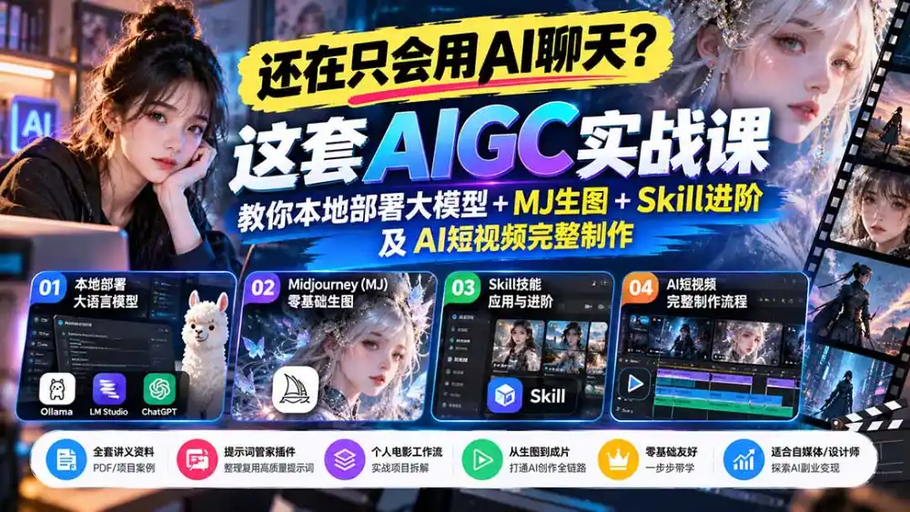 【无水印】还在只会用AI聊天？这套AIGC实战课教你本地部署大模型+MJ生图+Skill进阶及AI短视频完整制作-小行网创