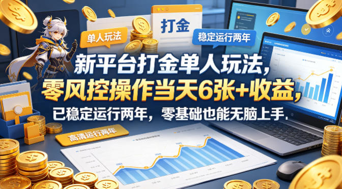 新平台打金单人玩法，零风控操作当天6张+收益，已稳定运行两年，零基础也能无脑上手【揭秘】-小行网创