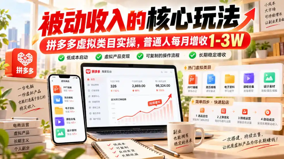 被动收入的核心玩法,拼多多虚拟类目实操,普通人每月增收1-3W【揭秘】-小行网创
