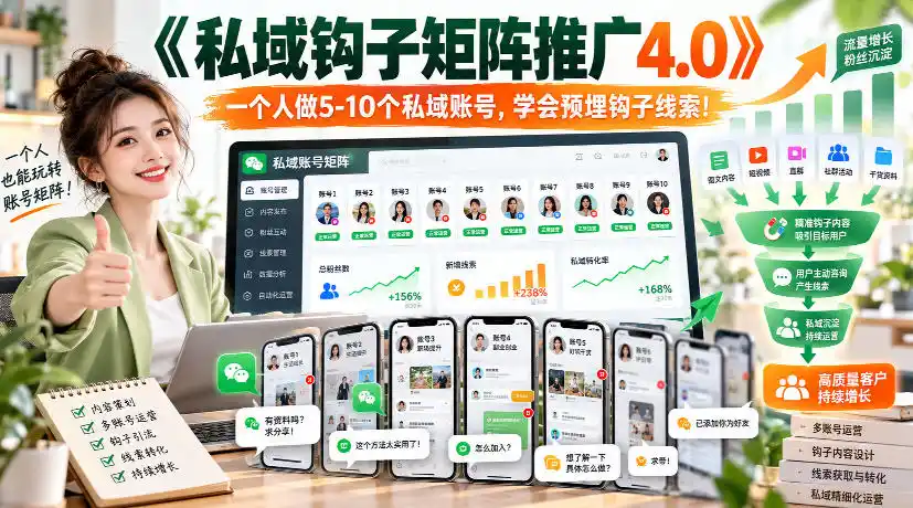 【无水印】《私域钩子矩阵推广4.0》一个人做5-10个私域账号,学会预埋钩子线索!-小行网创