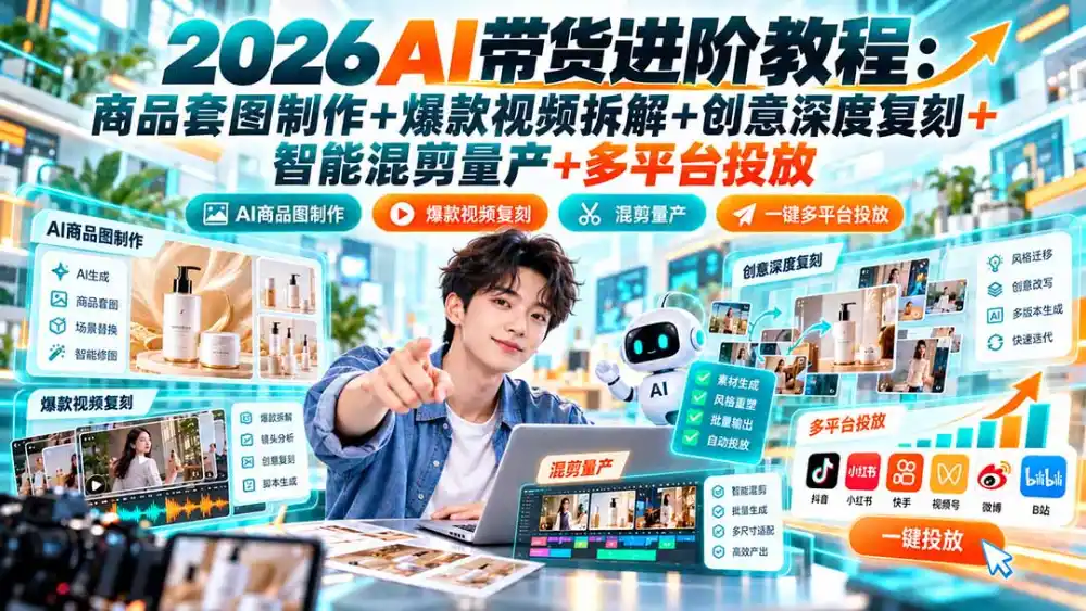 2026AI带货进阶教程：商品套图制作+爆款视频拆解+创意深度复刻+智能混剪量产+多平台投放-小行网创