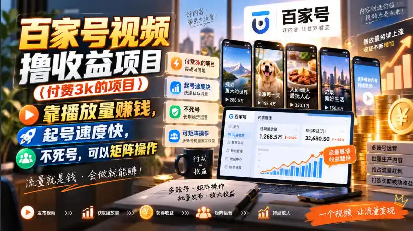 百家号视频撸收益项目(付费3k的项目),靠播放量賺钱,起号速度快,不死号,可以矩阵操作-小行网创