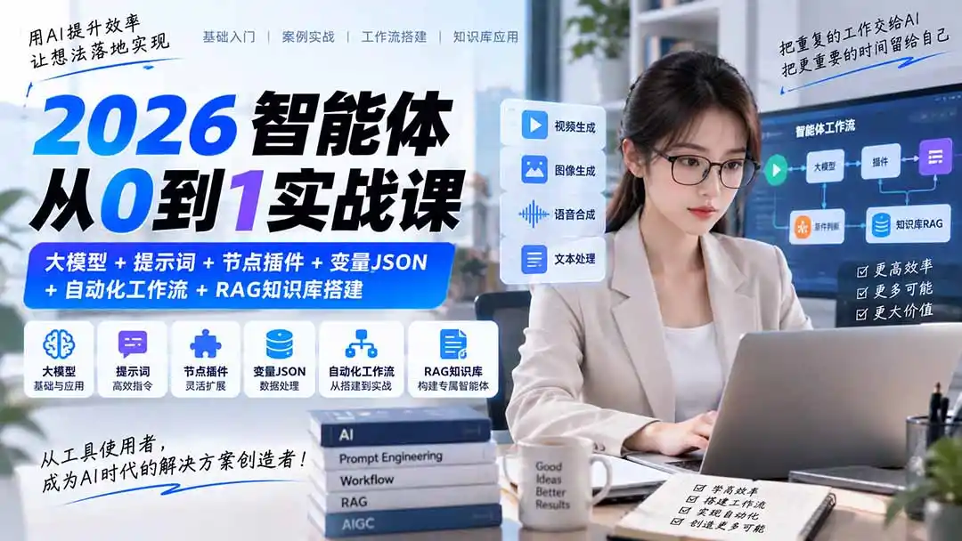 2026智能体从0到1实战课｜大模型+提示词+节点插件+变量JSON+自动化工作流+RAG知识库搭建-小行网创