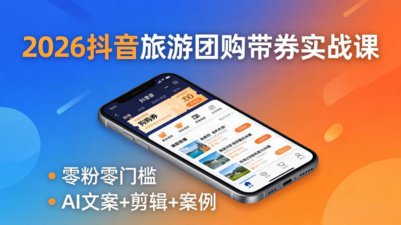 2026抖音旅游团购带券实战课：零粉零门槛，AI文案+剪辑+案例，躺着赚门票佣金-小行网创