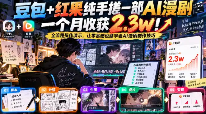 豆包+红果纯手搓一部AI漫剧一个月收获2.3w!全流程操作演示,让零基础也能学会AI漫剧制作技巧-小行网创
