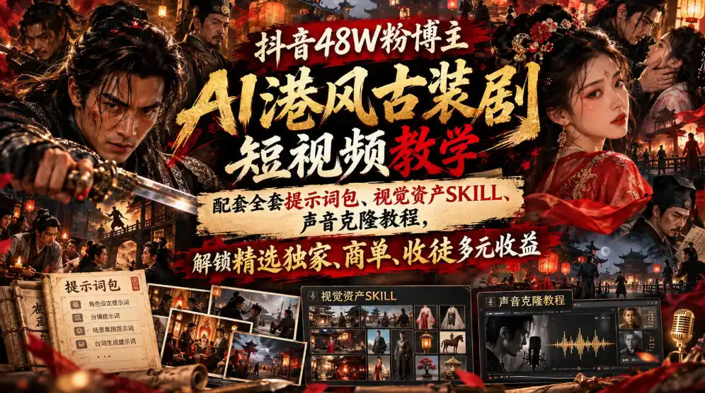 抖音48W粉博主AI港风古装剧短视频教学，配套全套提示词包、视觉资产SKILL、声音克隆教程，解锁精选独家、商单、收徒多元收益-小行网创