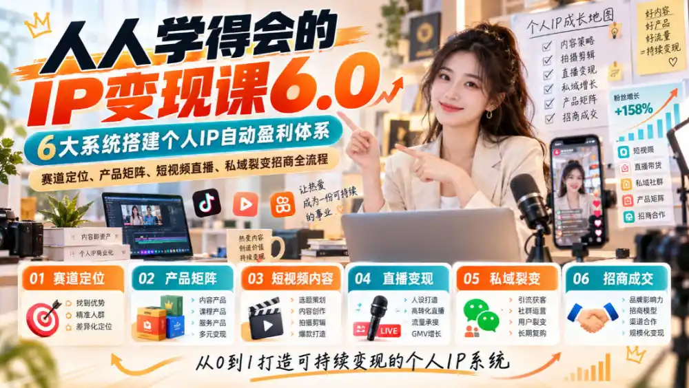 人人学得会的IP变现课6.0,6大系统搭建个人IP自动盈利体系,赛道定位、产品矩阵、短视频直播、私域裂变招商全流程-小行网创