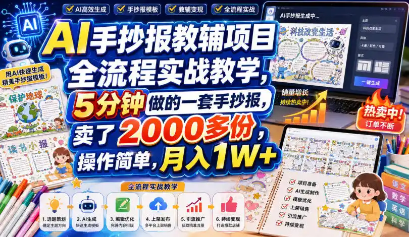 AI手抄报教辅项目全流程实战教学，5分钟做的一套手抄报，卖了2000多份，操作简单，月入1W+-小行网创