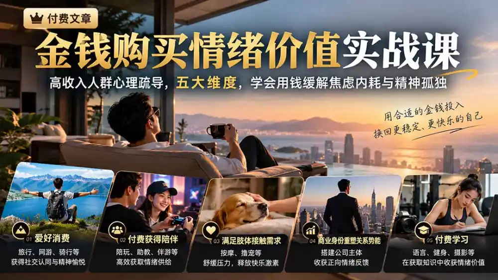 付费文章：金钱购买情绪价值实战课｜高收入人群心理疏导，五大维度，学会用钱缓解焦虑内耗与精神孤独-小行网创