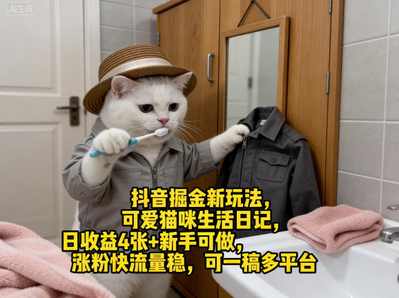 抖音掘金新玩法,可爱猫咪生活日记,日收益4张+新手可做,涨粉快流量稳,可一稿多平台-小行网创