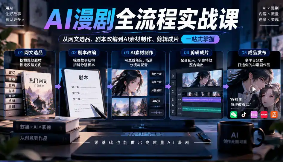 AI漫剧全流程实战课，覆盖从网文选品、剧本改编到AI素材制作、剪辑成片的完整链路-小行网创