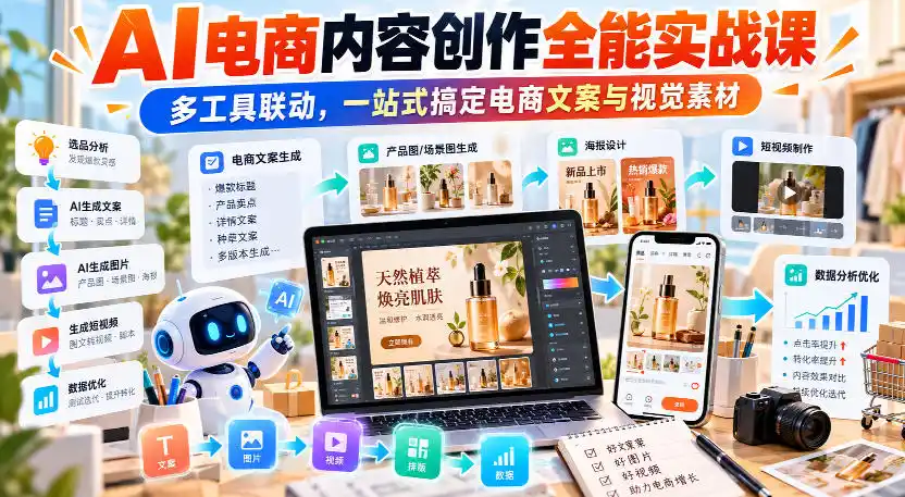 【无水印】AI电商内容创作全能实战课|多工具联动,一站式搞定电商文案与视觉素材-小行网创