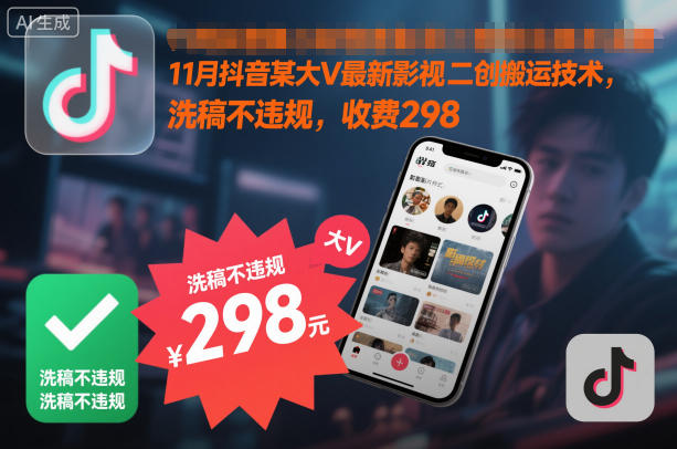11月抖音某大V最新影视二创搬运技术，洗稿不违规，收费298-小行网创